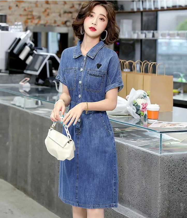 ĐẦM JEAN CỔ SƠ MI EO THUN THÊU TIM